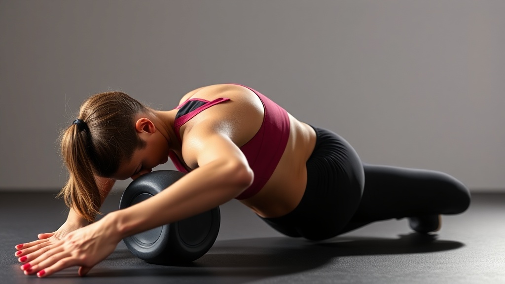 폼롤러를 사용하여 허벅지 옆면의 근막을 이완하고 있는 운동 선수의 모습