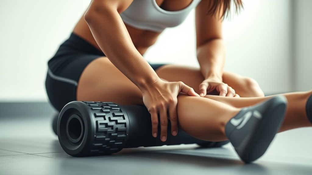 운동 선수가 폼롤러를 사용하여 허벅지 근육의 긴장을 완화하고 있는 모습