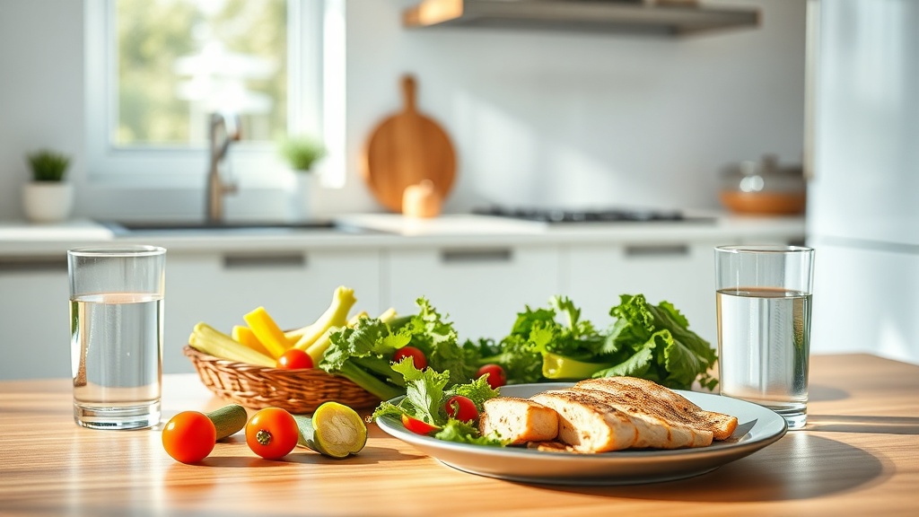근육 회복을 돕기 위해 준비된 신선한 채소, 단백질 식단 그리고 물 한 잔이 놓여 있는 테이블
